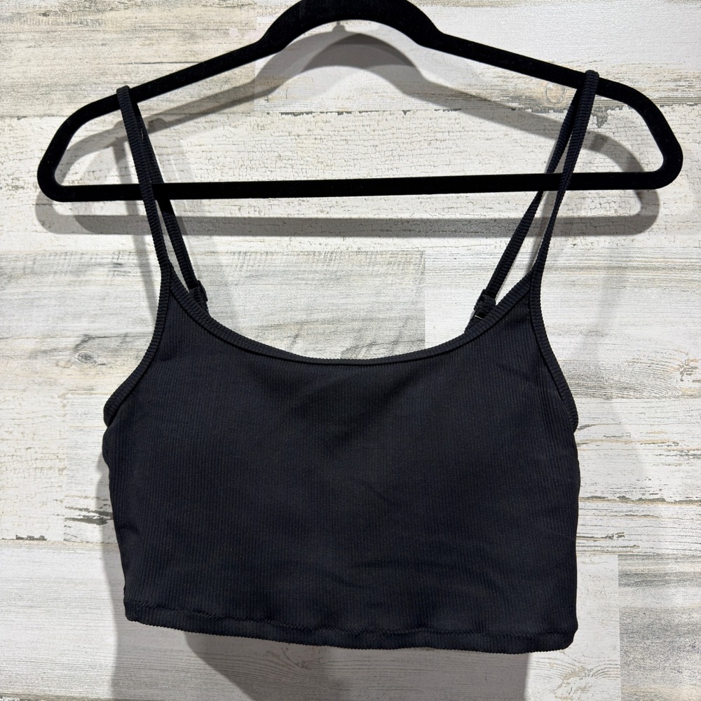 Aerie Scoop Neck Crop Top Women Medium Black Ribbed Real Good Athleisure EUC